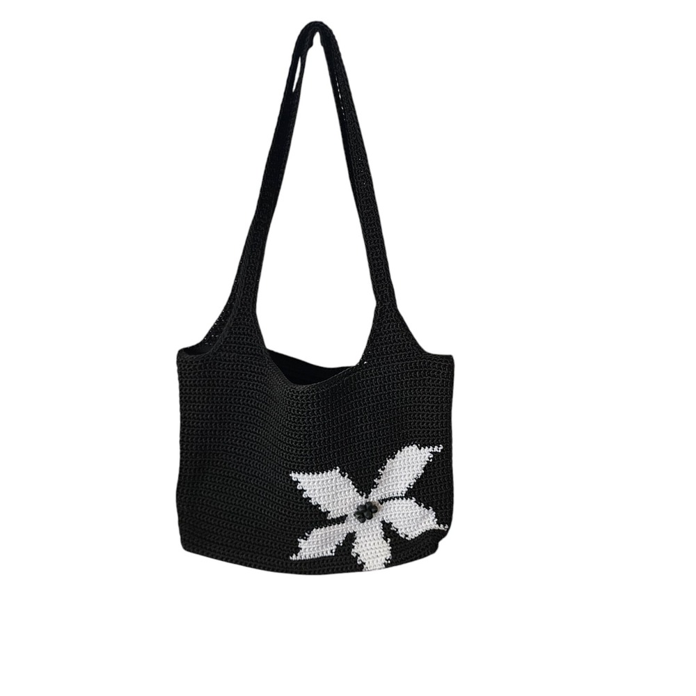 The Sak Purse Black Knit Crochet Shoulder Bag White Floral Shoulder Handbag
